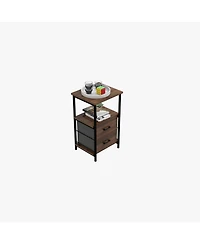 Skonyon 3-Tier Retro Nightstand with 2 Removable Fabric Drawers and Open Shelf-Walnut