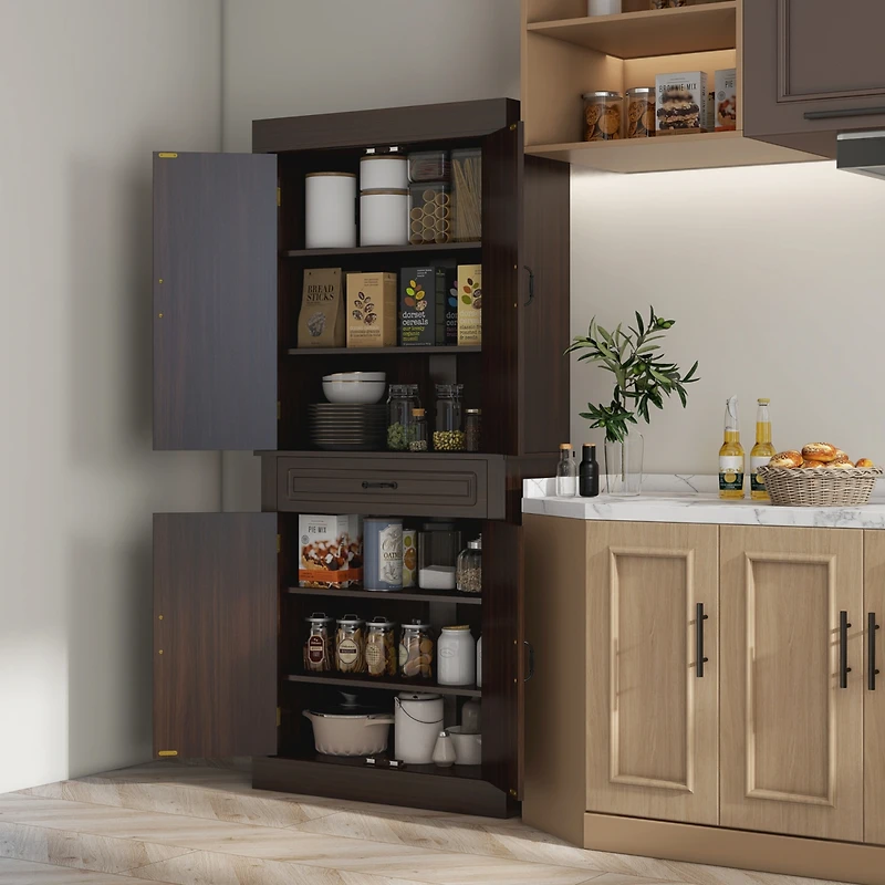 Freestanding Kitchen Pantry with 4 Doors, Cabinets, and Drawer