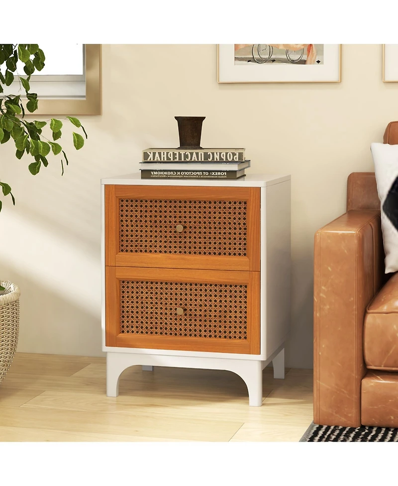 Sugift Boho Accent Table Nightstand with 2 Handwoven Rattan Decorated Drawers-White