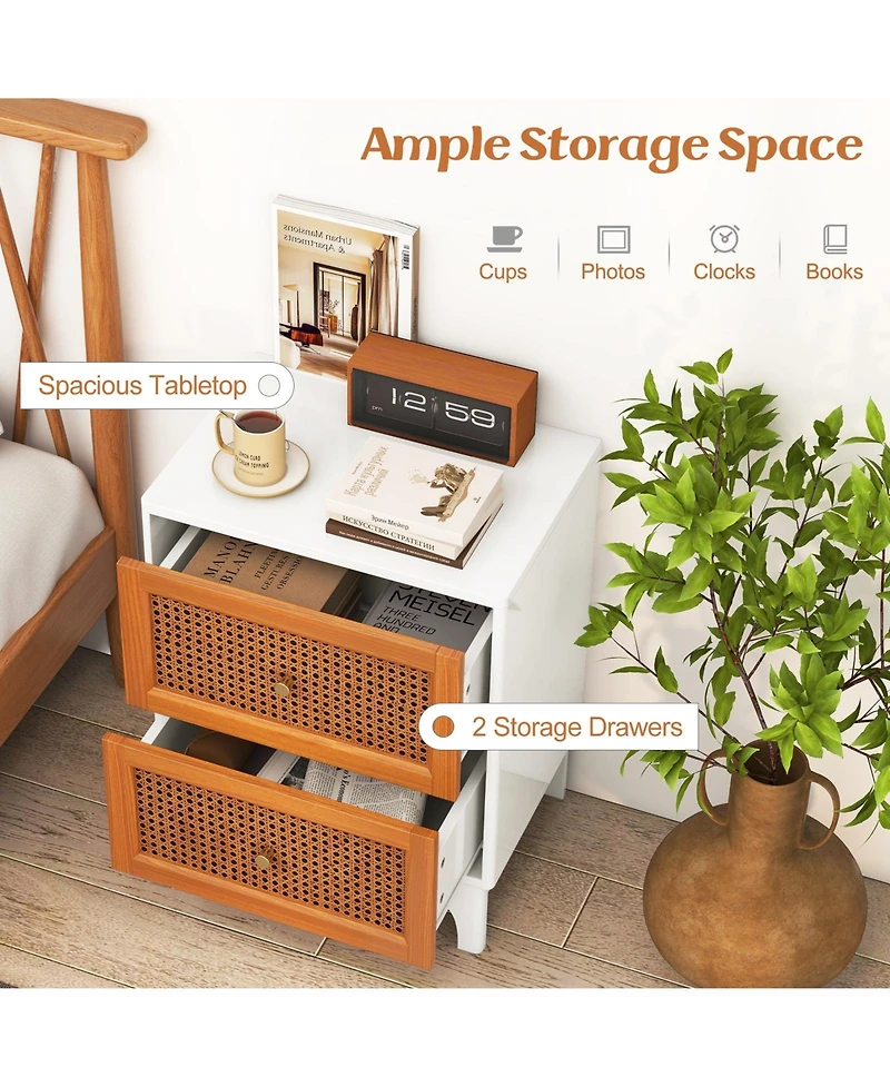 Sugift Boho Accent Table Nightstand with 2 Handwoven Rattan Decorated Drawers-White