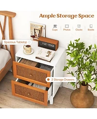 Sugift Boho Accent Table Nightstand with 2 Handwoven Rattan Decorated Drawers-White