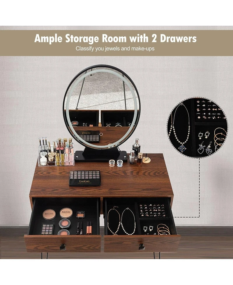 Industrial Makeup Dressing Table with 3 Lighting Modes-Rustic Brown