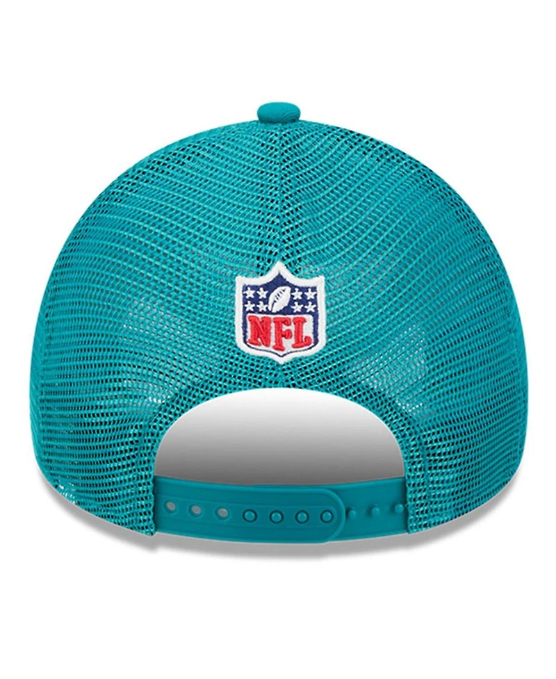 New Era Men's Stone/Aqua Miami Dolphins 2024 Sideline Historic 9FORTY A-Frame Trucker Adjustable Hat
