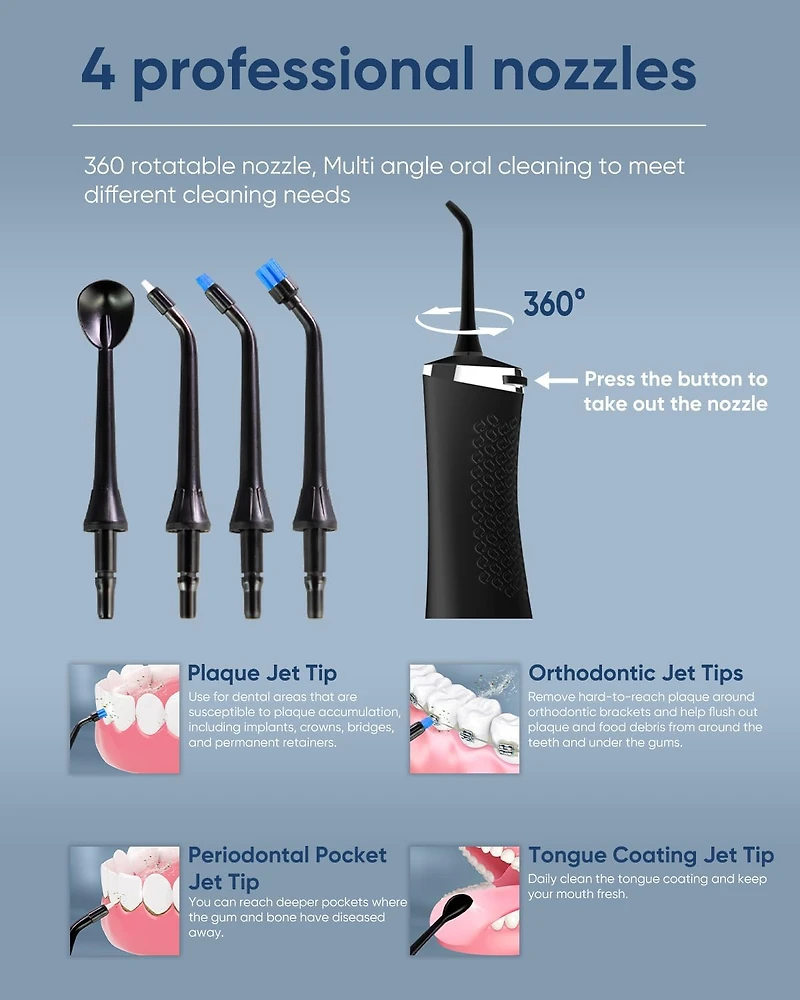MySmile LP211 Cordless Advanced Water Flossers for Teeth, 5 Cleaning Modes Rechargeable Power Dental Flosser 8 Replacement Jet Tips Ipx 7 Waterproof D