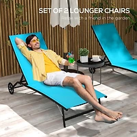 Adjustable Outdoor Chaise Lounge with Wheels (Blue)