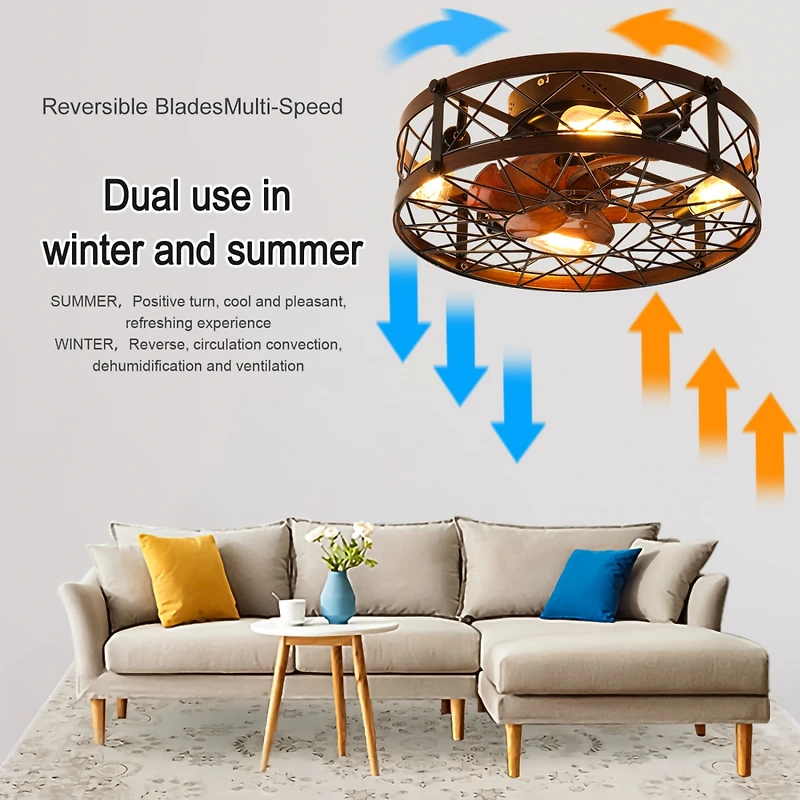 Streamdale Caged Ceiling Fans with Lights, 20" Black Flush Mount