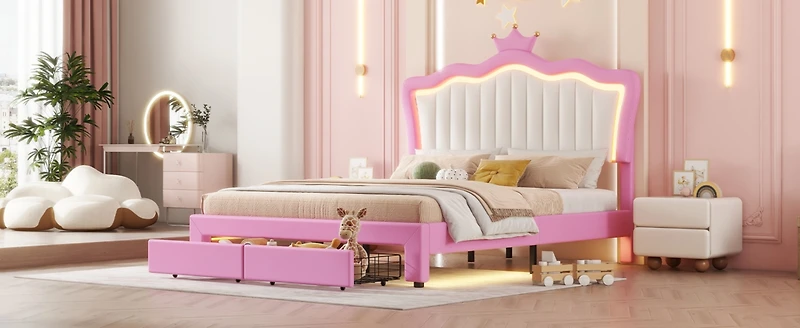 Streamdale Furniture Princess Crown Bed with Led Lights and Drawers