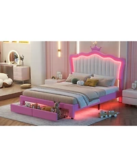 Streamdale Furniture Princess Crown Bed with Led Lights and Drawers