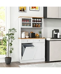 Skonyon Double Tilt Out Trash Cabinet with Hutch and Rubber Wood Countertop