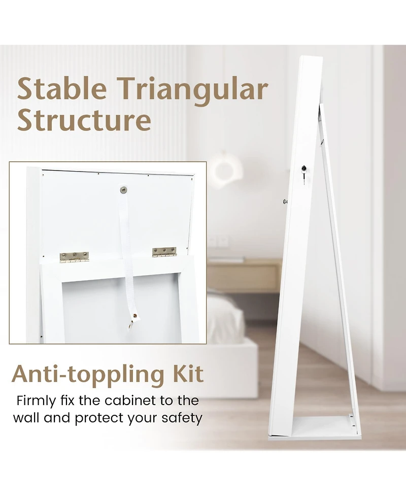 Skonyon Standing Lockable Jewelry Storage Organizer with Full-Length Mirror-White