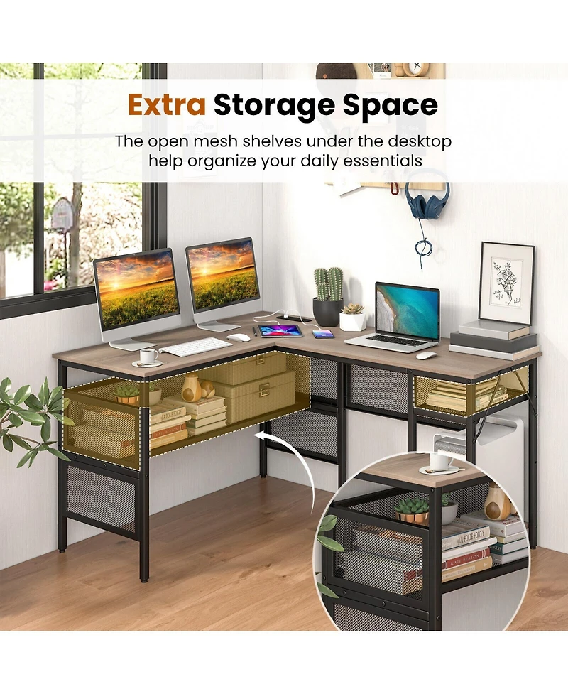 Skonyon L-Shaped Computer Desk with Charging Station and Adjustable Shelf-Gray