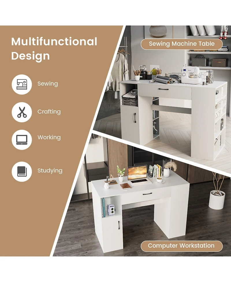 Counter Height Sewing Craft Table Computer Desk with Adjustable Shelves and Drawer-White