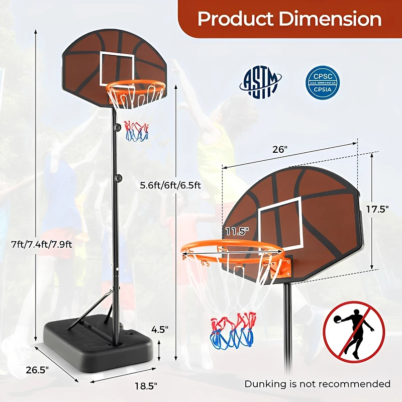 Basketball Hoop 5.6-6.5 Ft Height Adjustable for Kids with Shatterproof Backboard