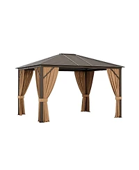 Sugift 12 x10 Feet Outdoor Hardtop Gazebo with Galvanized Steel Top and Netting-Brown