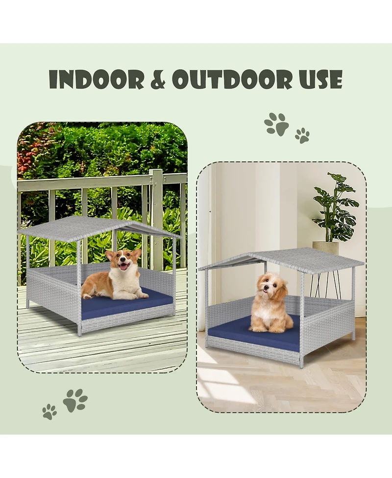 Wicker Dog House with Waterproof Roof and Washable Cushion Cover-Navy