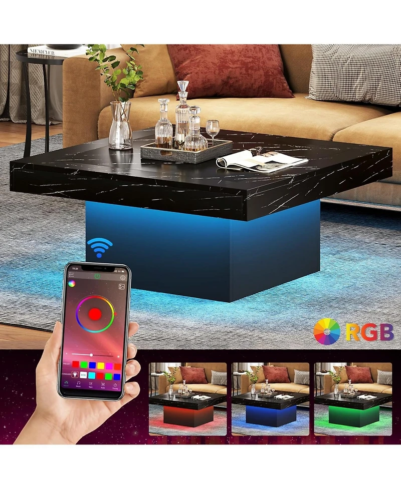 Tribesigns Coffee Table Square Led Coffee Table Engineered Wood Low Coffee Table for Living Room