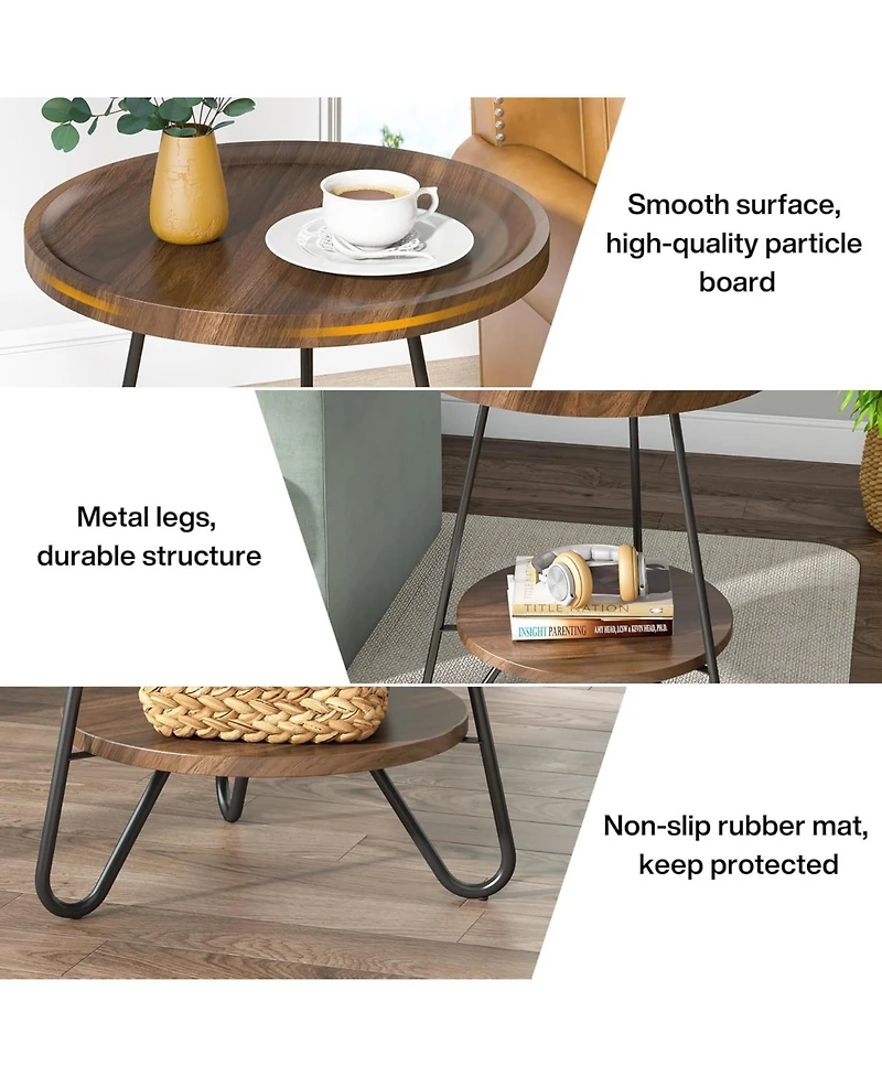 Tribesigns Round Side Table, 2-Tier End Table with Metal Legs, Modern Industrial Beside Table, Small Accent Table Snack Table for Living Room, Bedroom