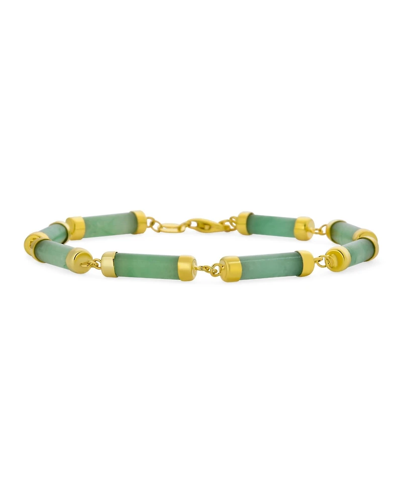 Bling Jewelry Asian Style Fine Jewelry Tube Bar Link Strand Green Natural Jade Bracelet Gold Plated Sterling Silver