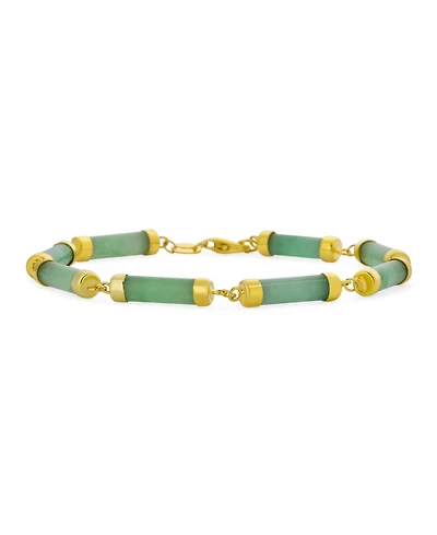 Bling Jewelry Asian Style Fine Jewelry Tube Bar Link Strand Green Natural Jade Bracelet Gold Plated Sterling Silver