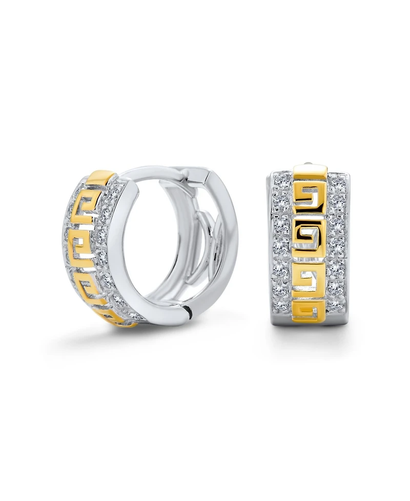 Bling Jewelry Two Tone Greek Key Cutout Huggie Hoop Earrings Cubic Zirconia Cz Gold Plated Sterling Silver