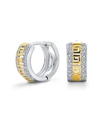 Bling Jewelry Two Tone Greek Key Cutout Huggie Hoop Earrings Cubic Zirconia Cz Gold Plated Sterling Silver