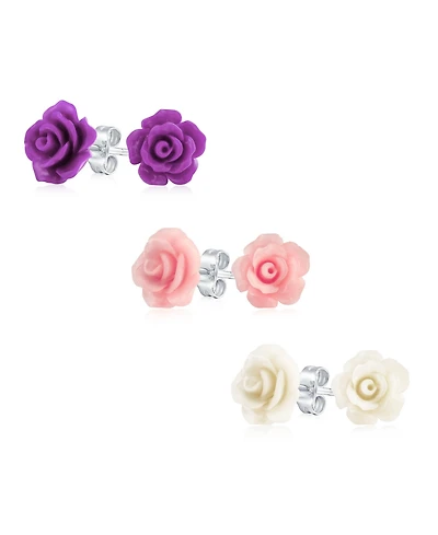 Bling Jewelry Set of 3 Delicate Floral Blooming 3D carved Pink Purple White Rose Flower Stud Earrings Mother Silver Plated