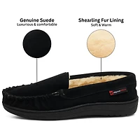 Alpine Swiss Men's Moccasin Slippers Genuine Suede House Shoe Memory Foam Insole Plush Faux Shearling Lining Comfy Indoor Outdoor Anti-Slip Rubber Sol