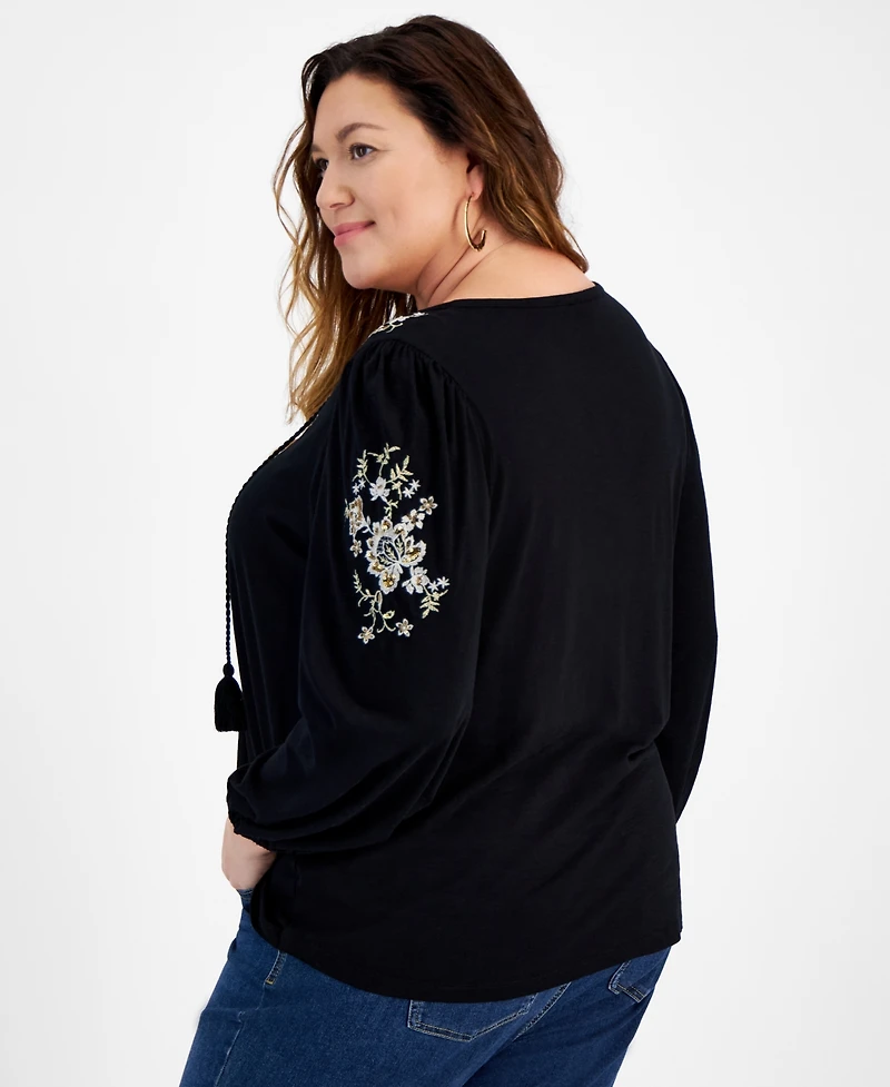 Style & Co Plus Size Embroidered Tie-Neck Knit Top, Created for Macy's