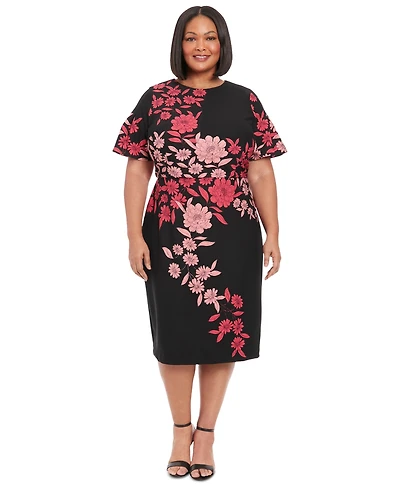 London Times Plus Size Printed Short-Sleeve Midi Dress