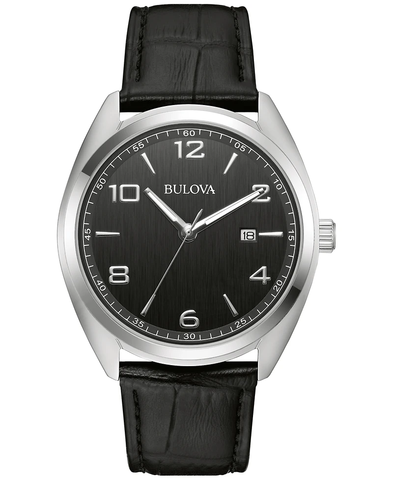 Bulova Men's Black Leather Strap Watch 42mm
