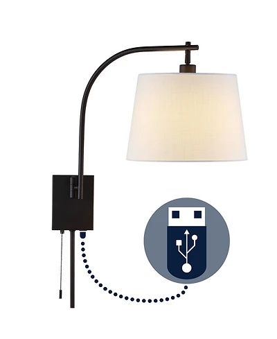 Jonathan Y Gosling 22.5" 1-Light Mid-Century Modern Plug-In or Hardwired Iron Led Gooseneck Swing Arm Wall Sconce with Pull-Chain and Usb Charging Por