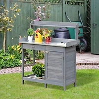 Outdoor Potting Table with Storage and Steel Top, Gray