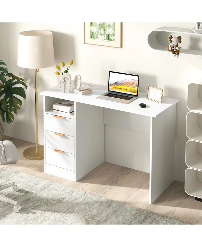 Home Office Desk with Power Outlet 3 Storage Drawers and Open Compartment-White