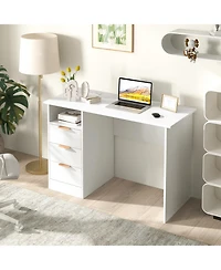 Home Office Desk with Power Outlet 3 Storage Drawers and Open Compartment-White