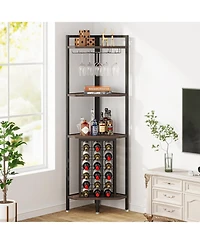 Tribesigns Corner Wine Rack with Glass Holder and Storage Shelves, 4 Tier Corner Bar Corner Wine Cabinet, Industrial Corner Wine Shelf for Living Room