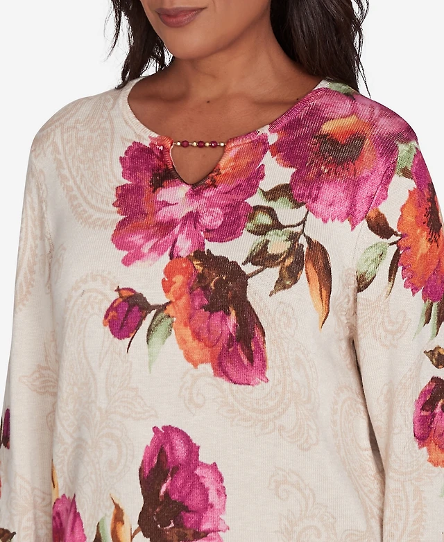 Alfred Dunner Petites Botanical Overlay Top – Floral Poncho With Necklace Detail - View #10