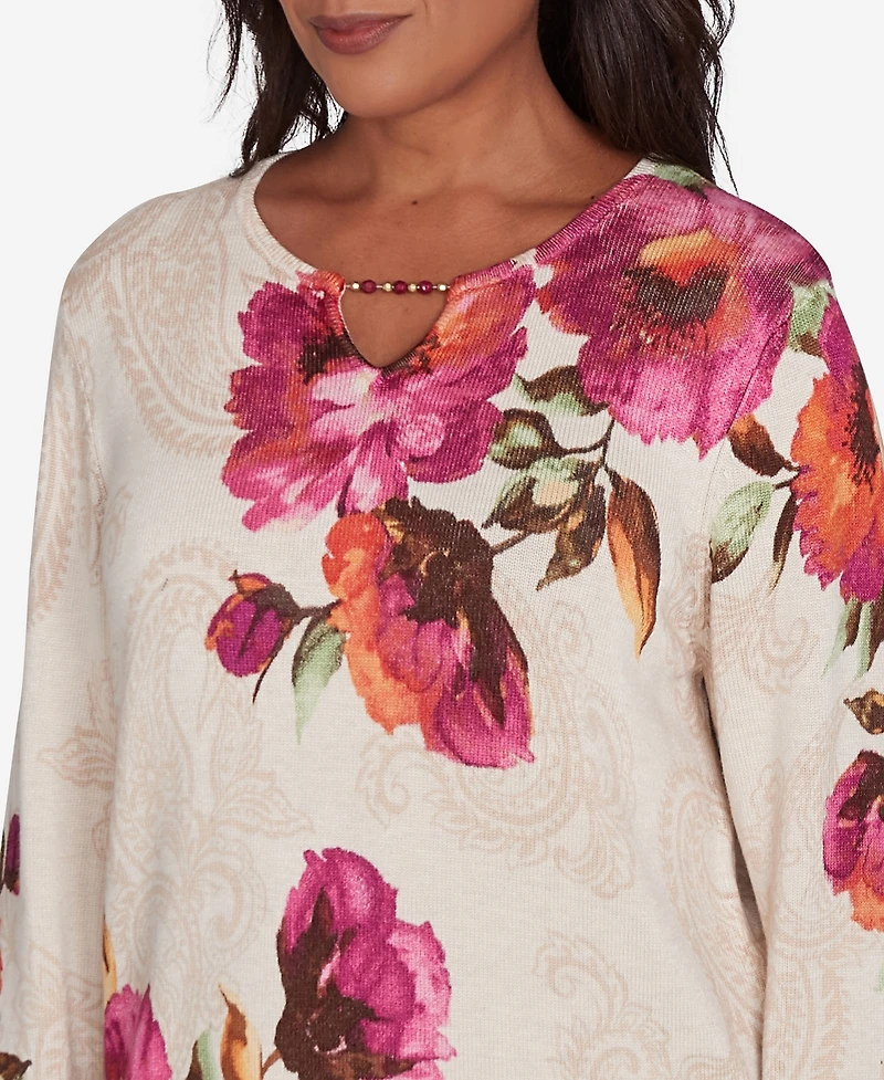 Alfred Dunner Petite Wine Country Watercolor Floral Beaded Split Neck Top