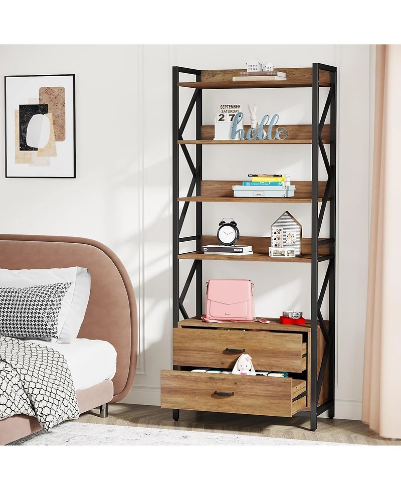 Tribesigns Bookshelf with Drawers, 70.8" Industrial Bookcase with 2 Drawers, 5 Shelf Open Shelf for Storage, Wood Book Shelf for Living Room, Bedroom,