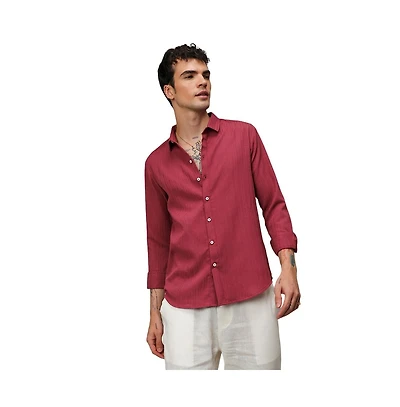 Men's Blush Red Self-Design Striped Shirt
