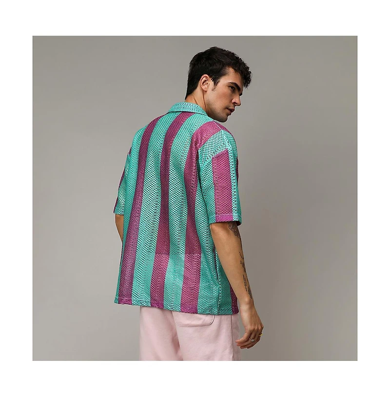 Campus Sutra Men's Mint Green & Plum Purple Balanced Striped Oversized Shirt