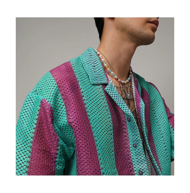 Campus Sutra Men's Mint Green & Plum Purple Balanced Striped Oversized Shirt