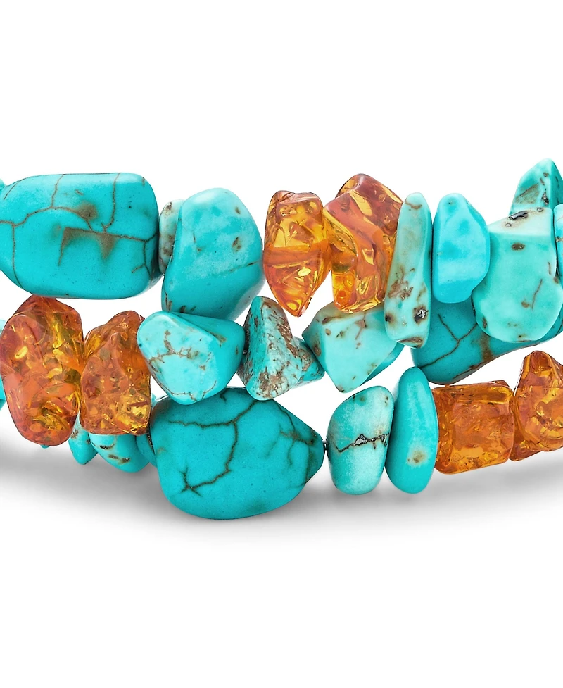 Bling Jewelry Statement Wide Stabilized Blue Natural Turquoise Golden Orange Amber Resin Chips Multi Strand Bracelet Sterling Silver Tube Clasp