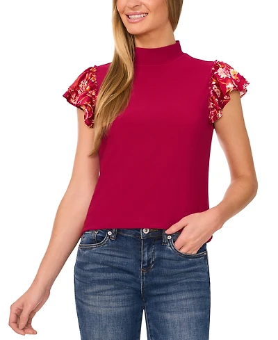 CeCe Women's Mock Neck Flutter-Sleeve Top