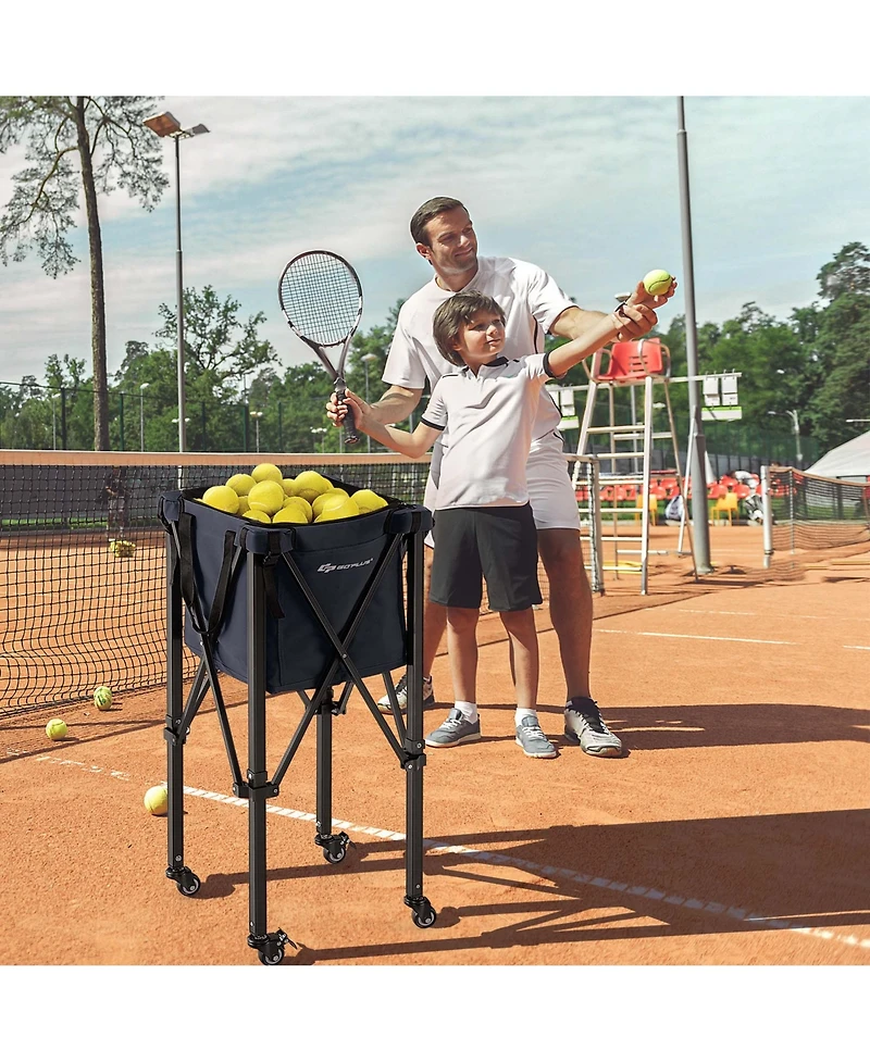 Foldable Tennis Ball Hopper Basket Portable Travel Teaching Cart with Wheels & Bag