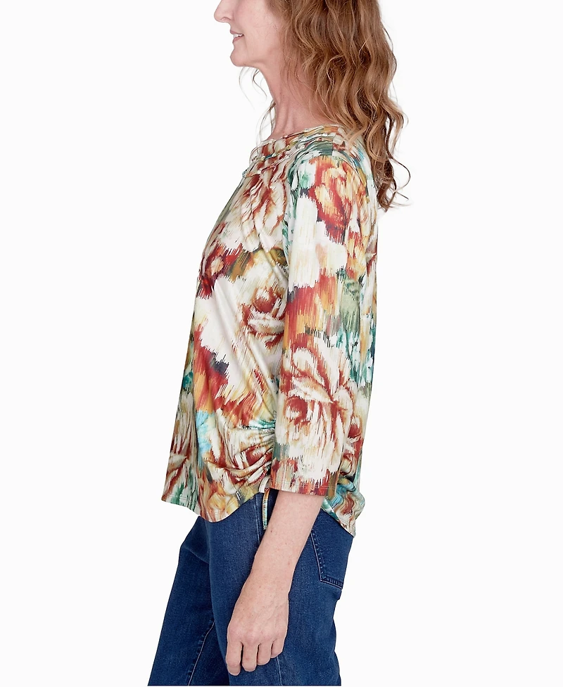 Alfred Dunner Petite Classics Earth Floral Crew Neck Top