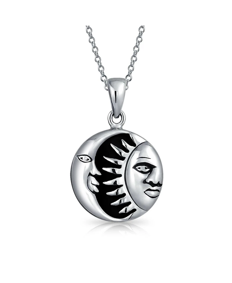 Bling Jewelry Celestial Black Enamel Round Circle Medallion Crescent Moon And Sun Pendant Necklace Sterling Silver