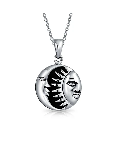 Bling Jewelry Celestial Black Enamel Round Circle Medallion Crescent Moon And Sun Pendant Necklace Sterling Silver