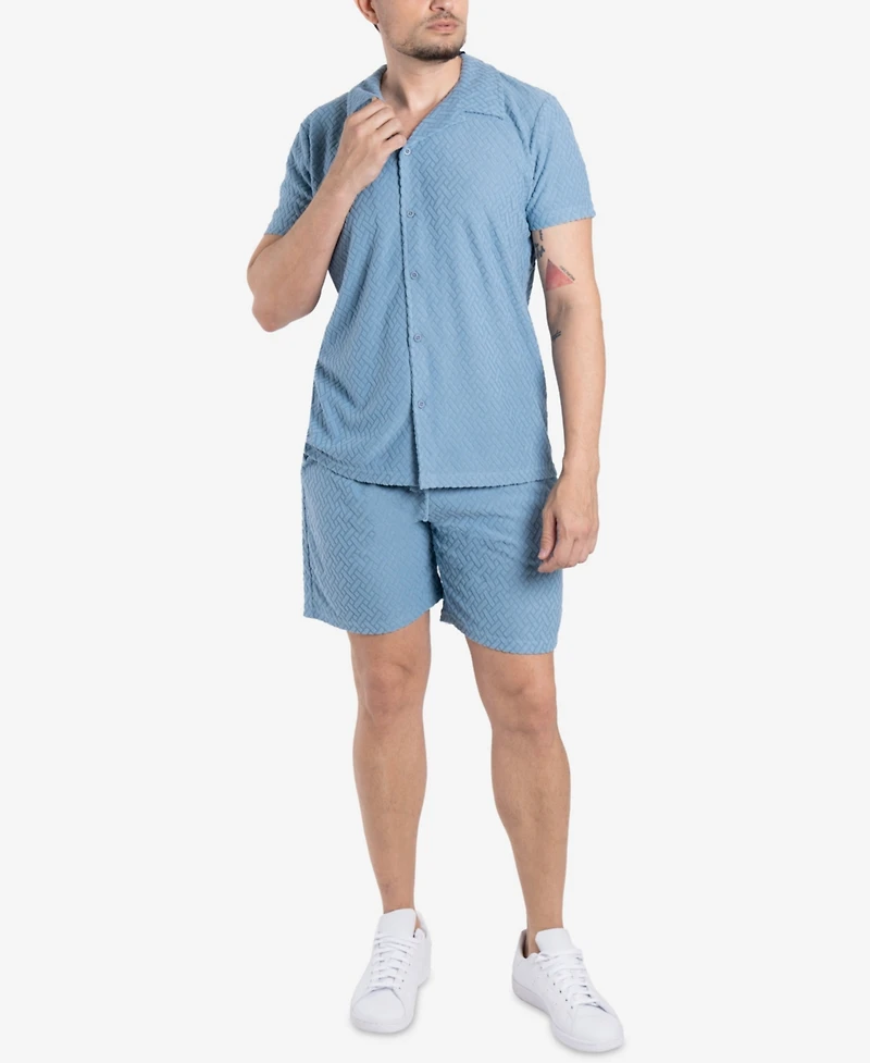 Spring + Mercer Men's Casual Textured Camp Collar Short Sleeve Button-Up Shirt