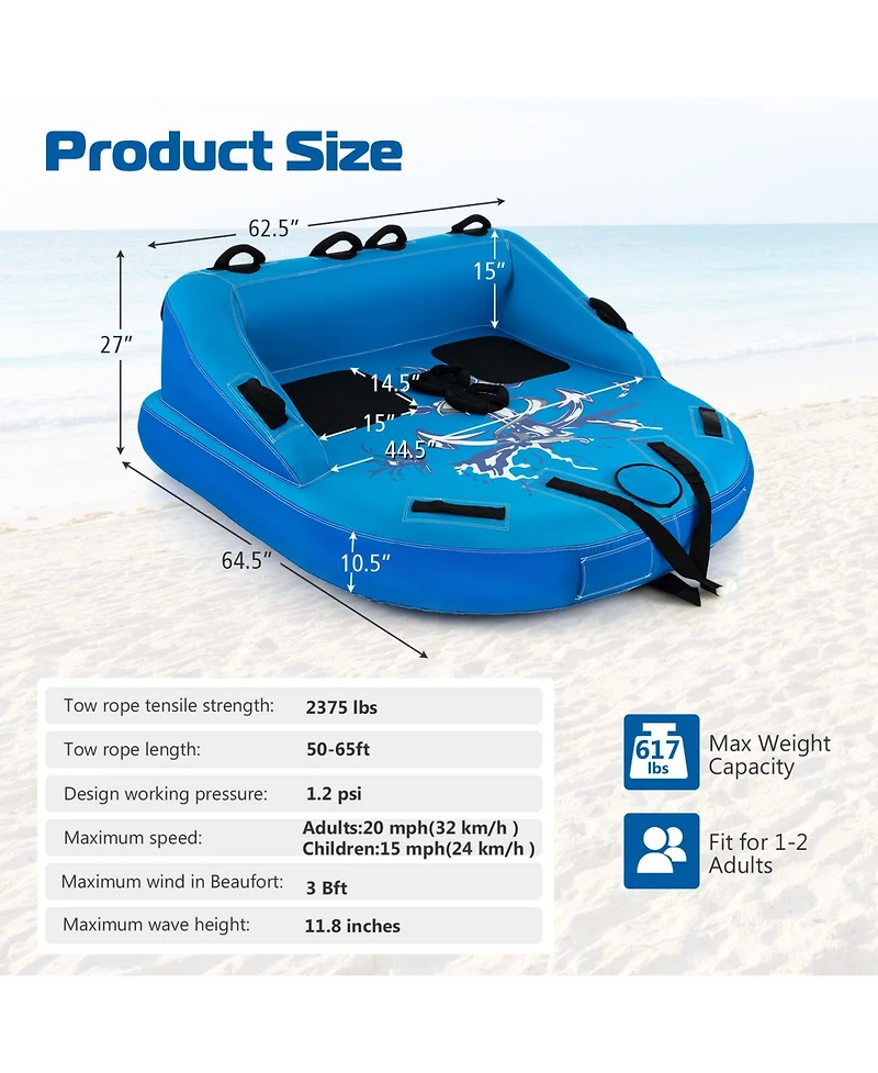 Skonyon 2 Person Water Sport Inflatable Towable Tubes for Boating-Blue