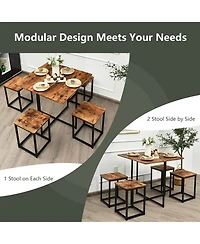 5 Pieces Metal Frame Dining Set with Compact Table and 4 Stools -Walnut